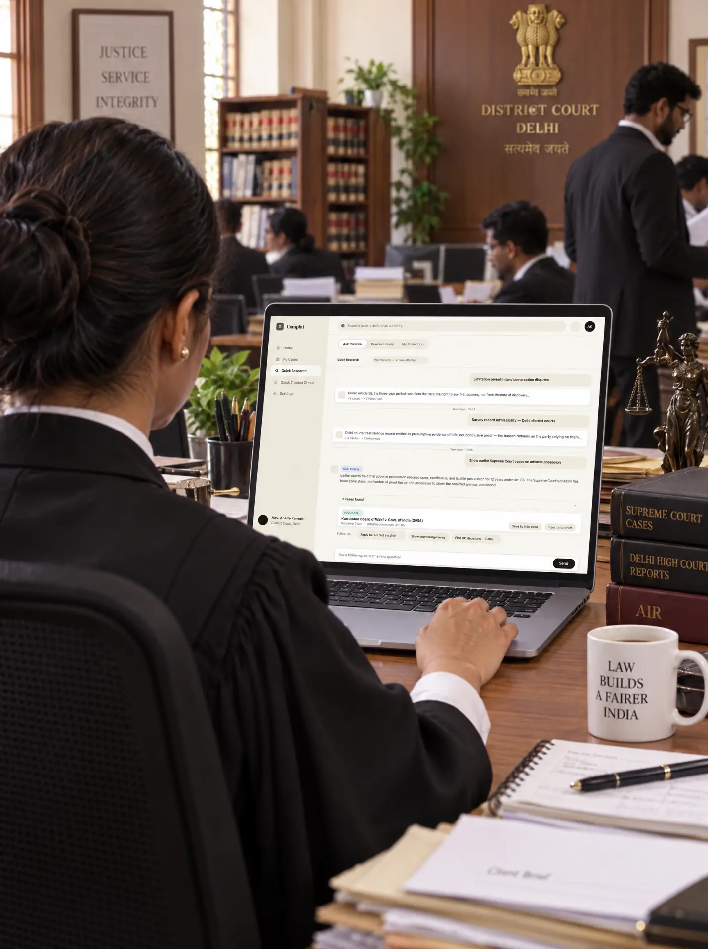 An advocate at a laptop using Complai quick research inside a district court chamber