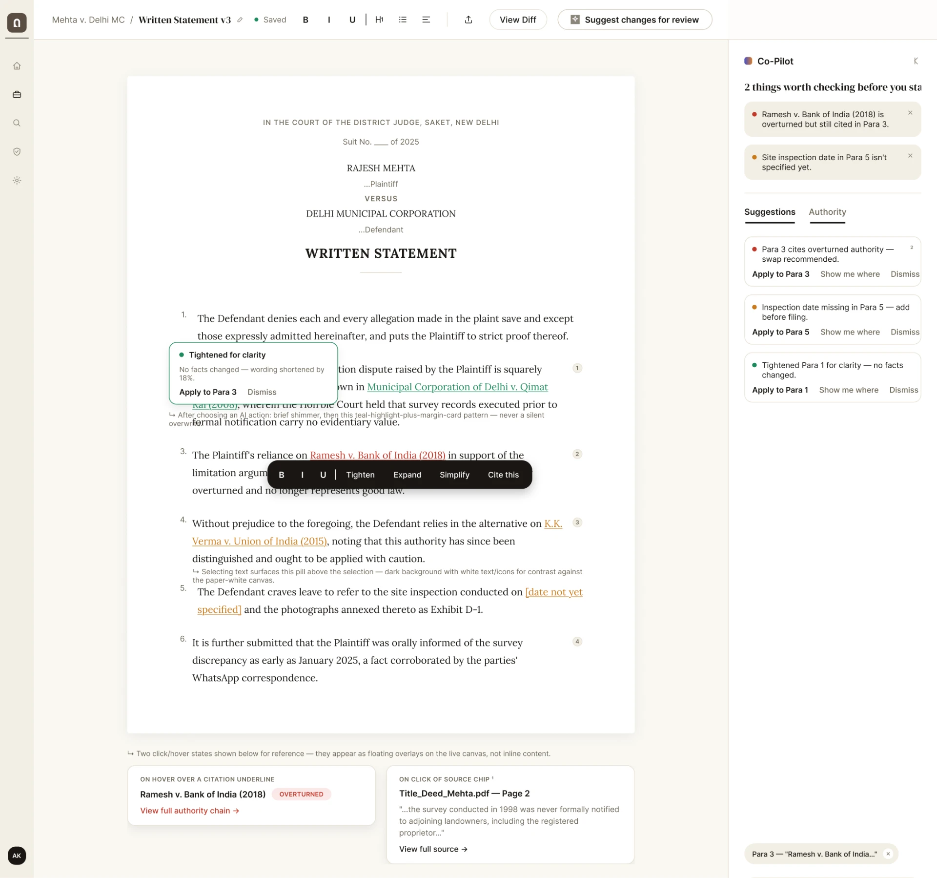 Complai drafting environment with a floating selection toolbar over a written statement