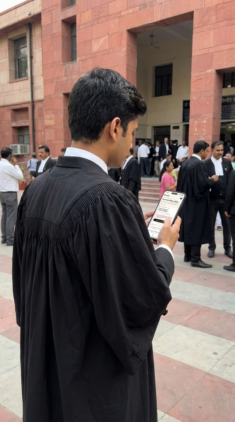 An advocate reviewing a Complai case summary on a phone outside a district court building