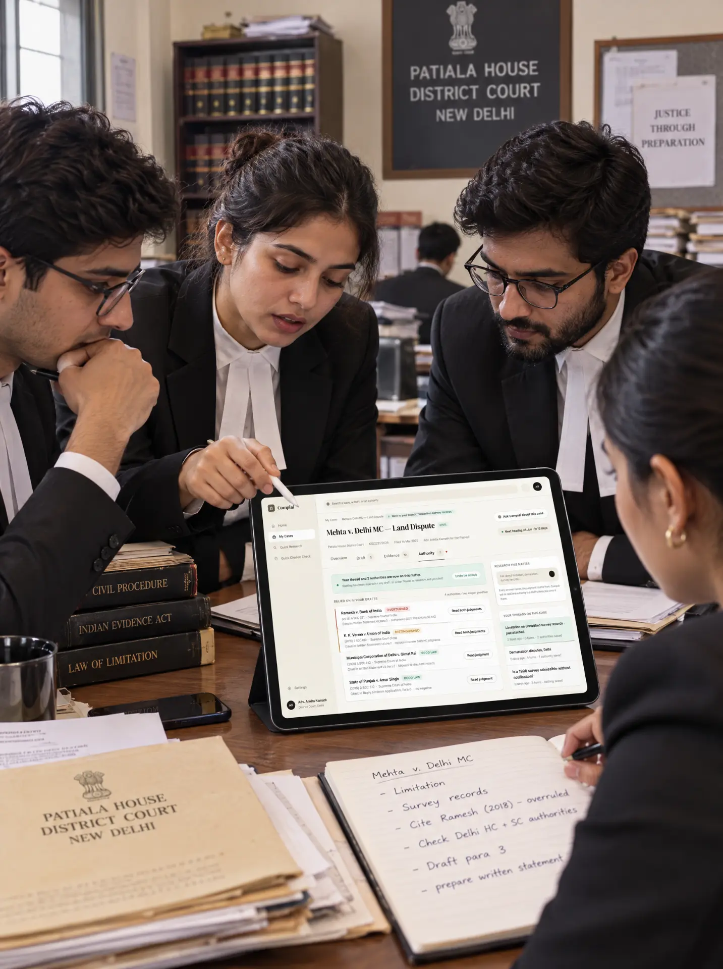Advocates around a tablet showing the Complai Authority Chain for a land dispute matter