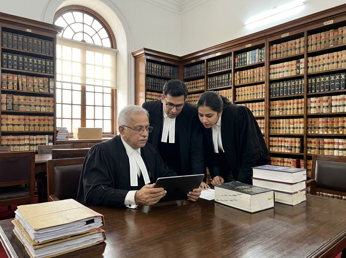 Senior advocate and juniors reviewing a matter together on a tablet in a district court library