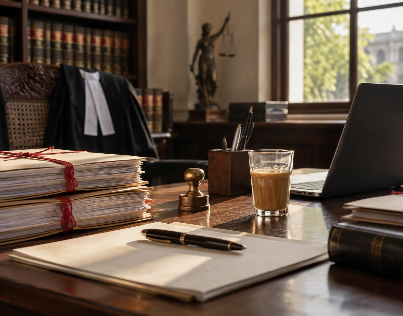 An advocate's desk with tied case files, a fountain pen and a laptop in warm daylight