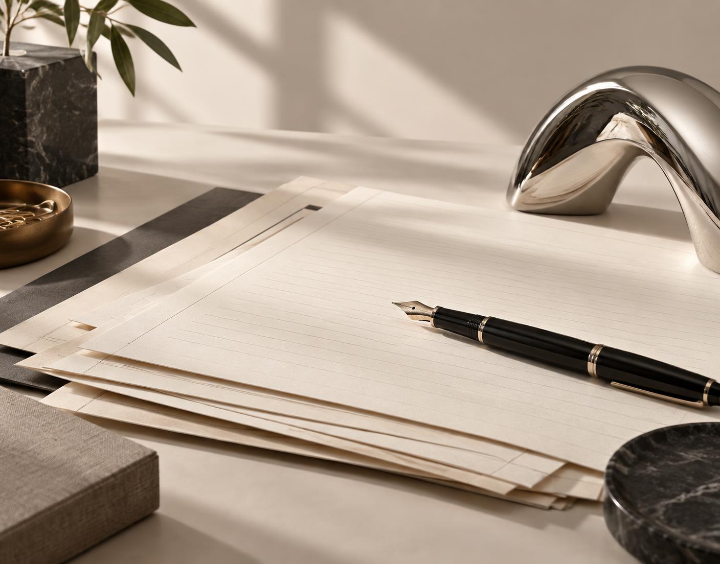Legal papers and a fountain pen arranged beside a reflective sculpture