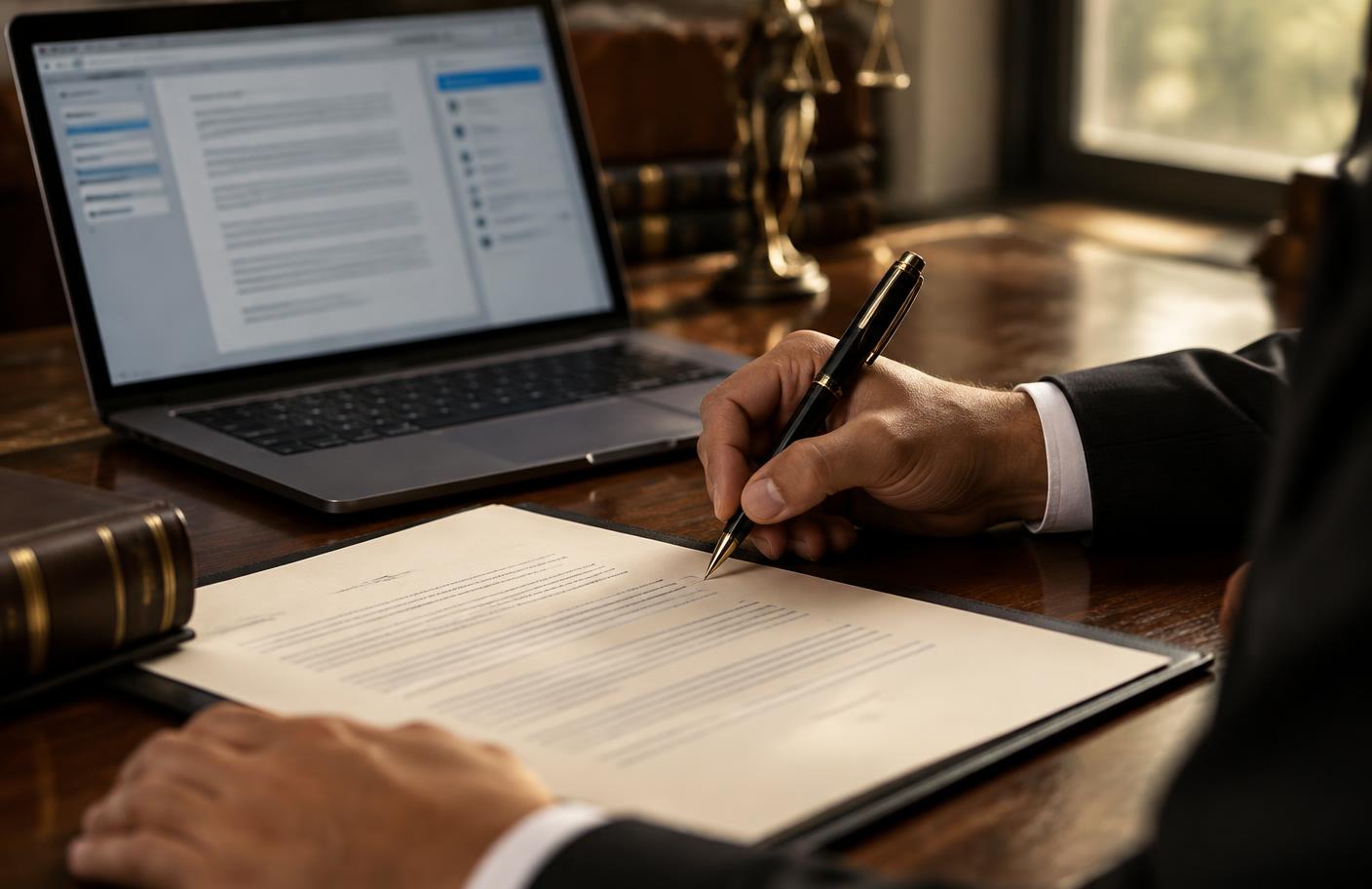 An advocate reviewing a legal document beside a drafting interface